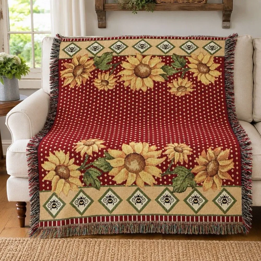 Sunflower Bee Woven Tapestry Throw Blanket Afghan Fringe Red 69x53 Cottagecore